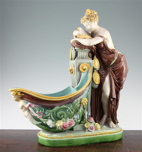 A rare Mintons majolica The Reader Flower Holder, modelled by Albert Carrier-Belleuse, date code for 1873, 49cm, old restoration